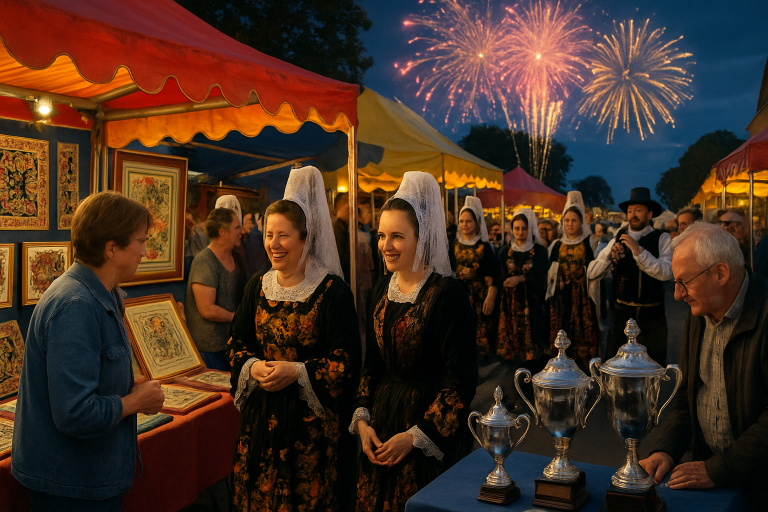 participez au festival des brodeuses à pont-l’abbé le 12 juillet : un événement enchanteur avec des trophées, des défilés colorés et un spectaculaire feu d’artifice pour une journée inoubliable.