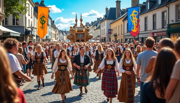 vivez l'effervescence de la grande parade du festival interceltique de lorient, où 000 passionnés se rassemblent pour célébrer la culture celte à travers des spectacles vibrants, des musiques envoûtantes et des costumes traditionnels. ne manquez pas cet événement unique qui fait battre le cœur des amoureux des traditions celtiques.